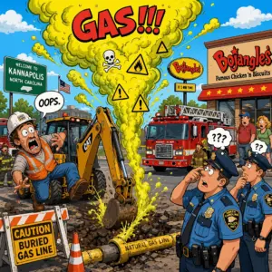 Comic style illustration of a shocked construction worker hitting a gas line with a backhoe